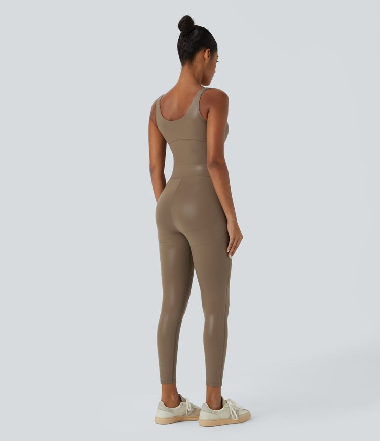 Combinaison gainante sans manches à col carré en tissu brillant effet cuir avec maintien ventral et effet push-up, séchage rapide