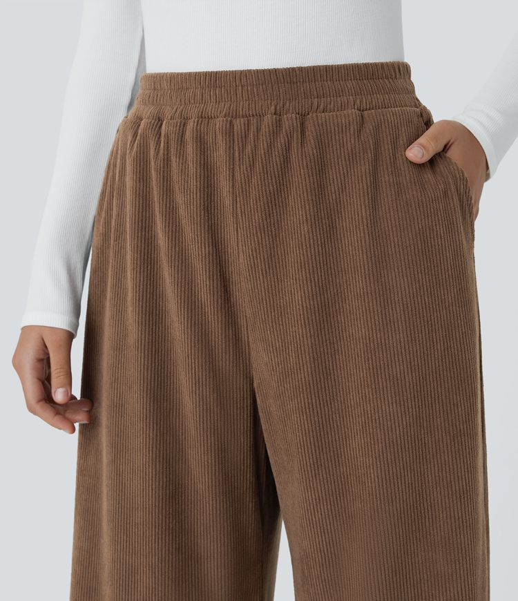 High Waisted Side Pocket Zipper Split Straight Leg Corduroy Casual Trousers