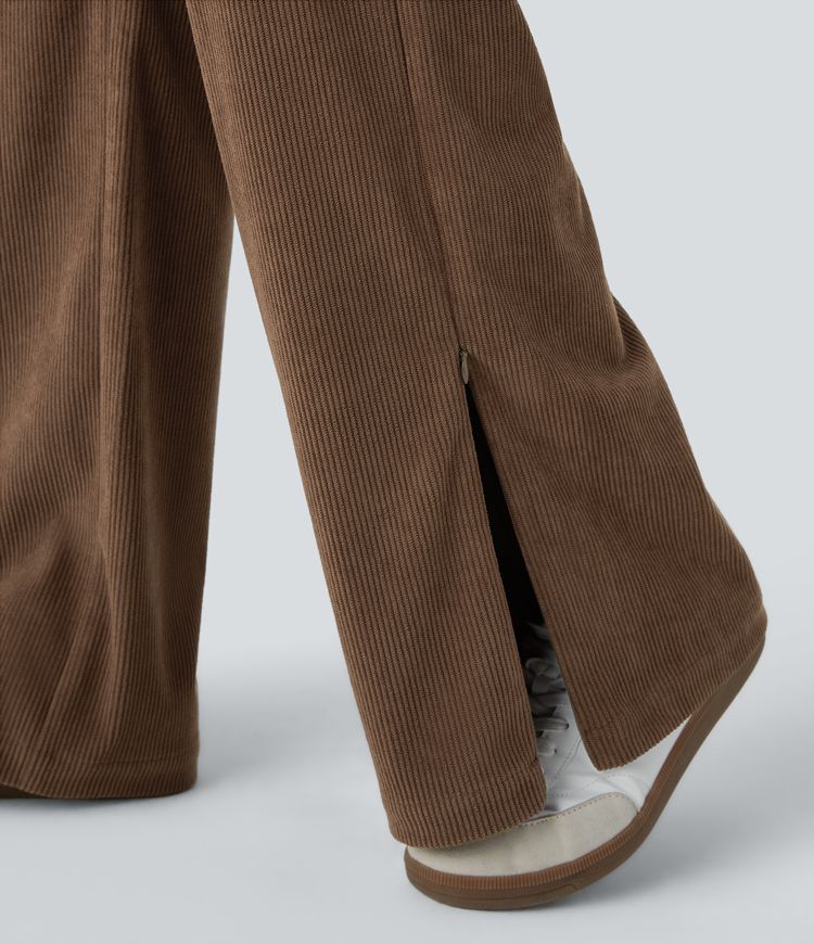 High Waisted Side Pocket Zipper Split Straight Leg Corduroy Casual Trousers