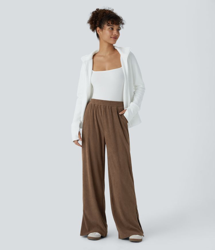 High Waisted Side Pocket Zipper Split Straight Leg Corduroy Casual Trousers