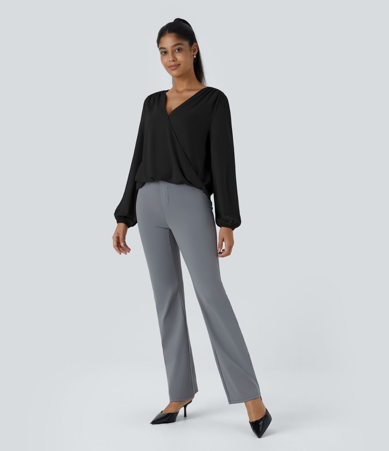 V Neck Invisible Snap Long Sleeve Wrapped Work Top