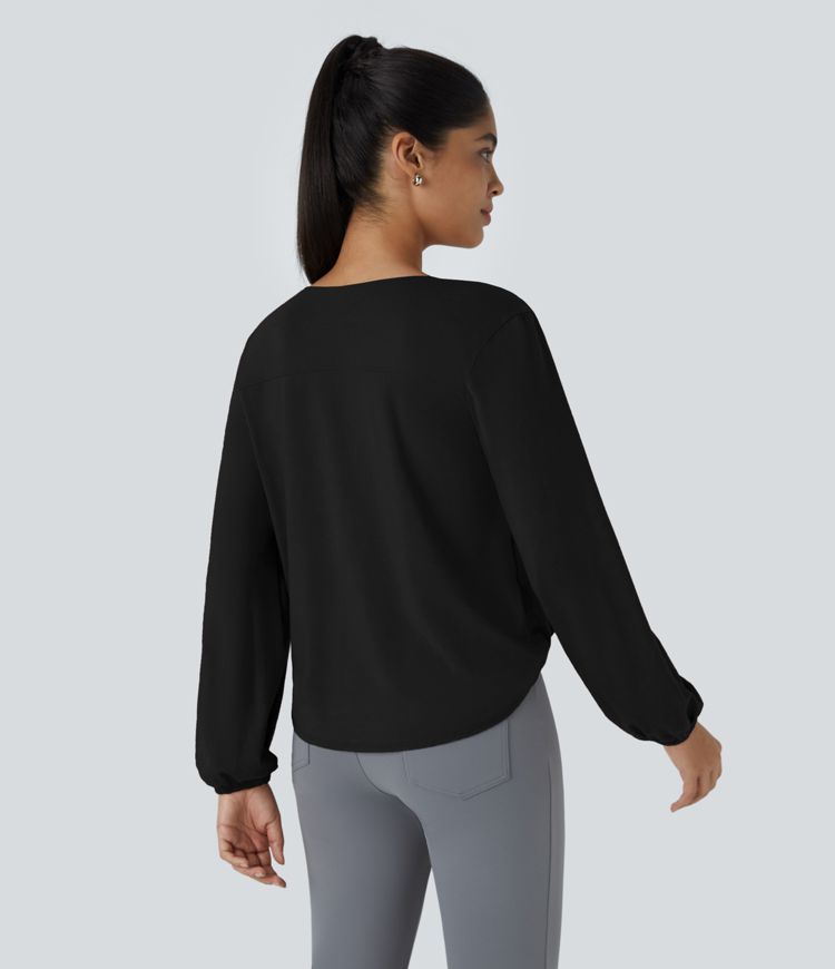 V Neck Invisible Snap Long Sleeve Wrapped Work Top