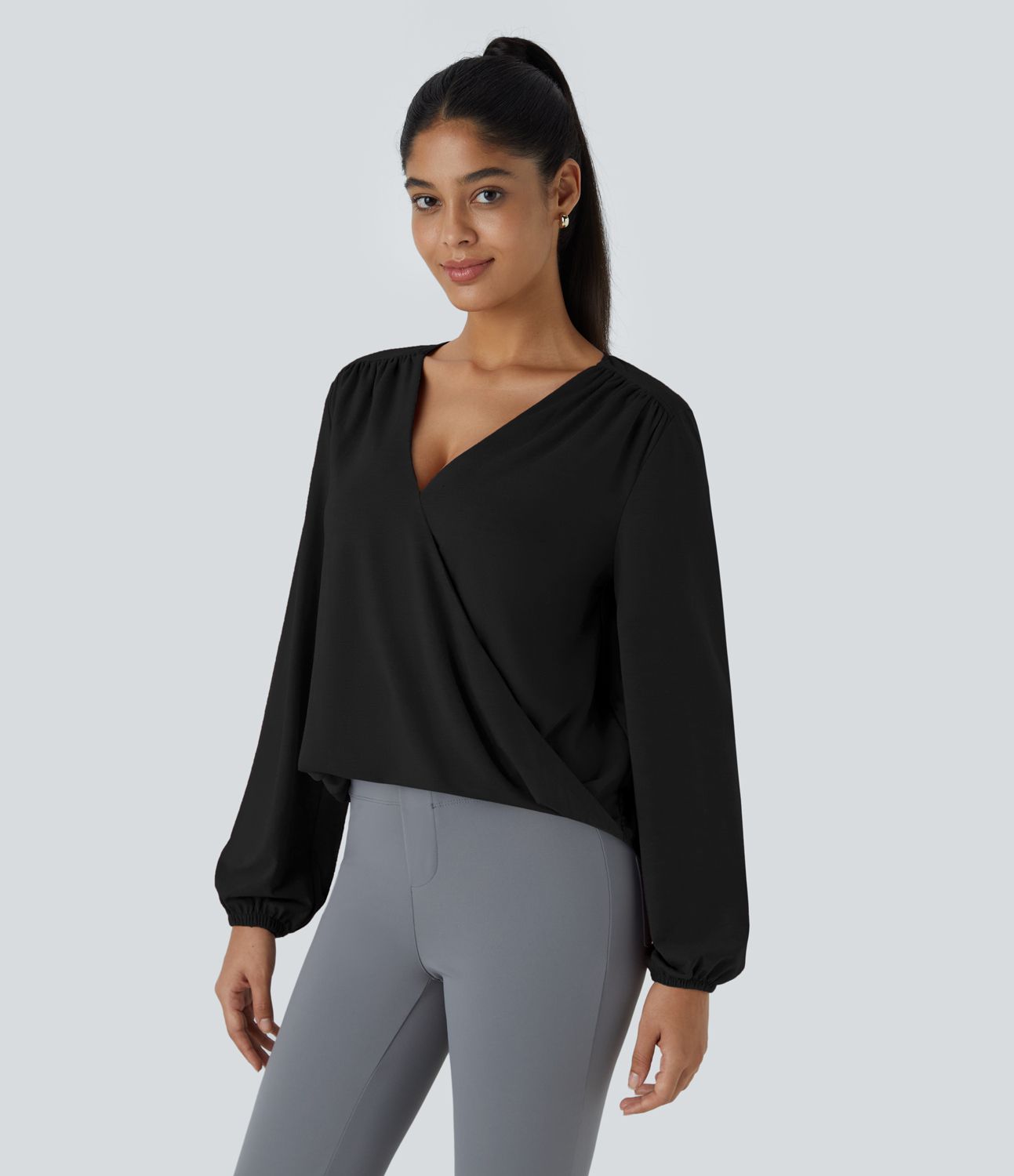 V Neck Invisible Snap Long Sleeve Wrapped Work Top