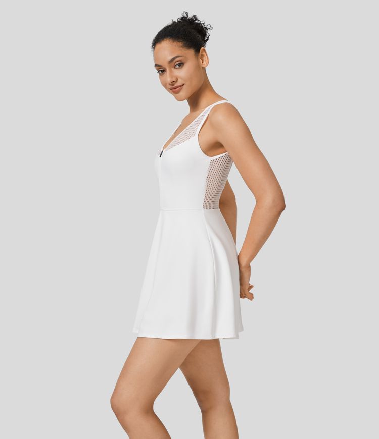 Mini Vestido Softlyzero™ QuickDry tenis secado rápido cuello V sin manga cremallera sin espalda malla contrastante bolsillo lateral 2 en 1