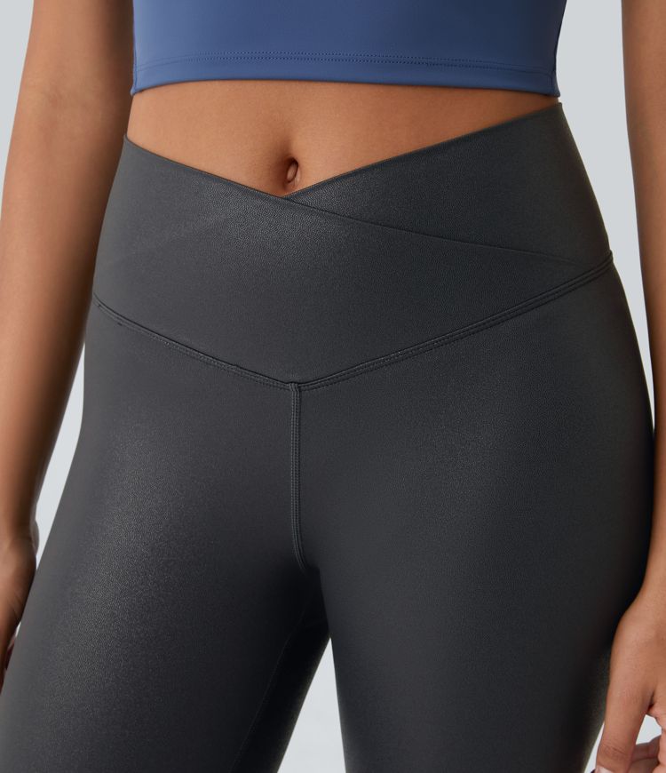 SoftlyZero™ Faux Leather Crossover Pocket Foil Print Stretchy Casual Leggings