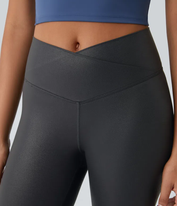 Softlyzero™ Synthetic Leather Crossover Back Pocket Foil Print Stretchy Casual Leggings