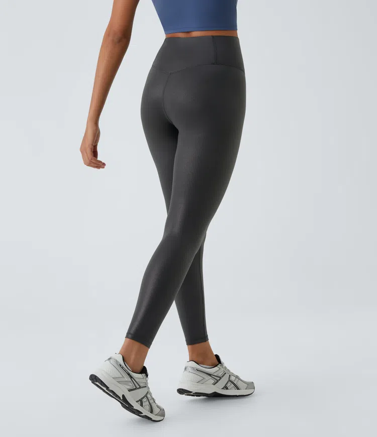 Softlyzero™ Synthetic Leather Crossover Back Pocket Foil Print Stretchy Casual Leggings