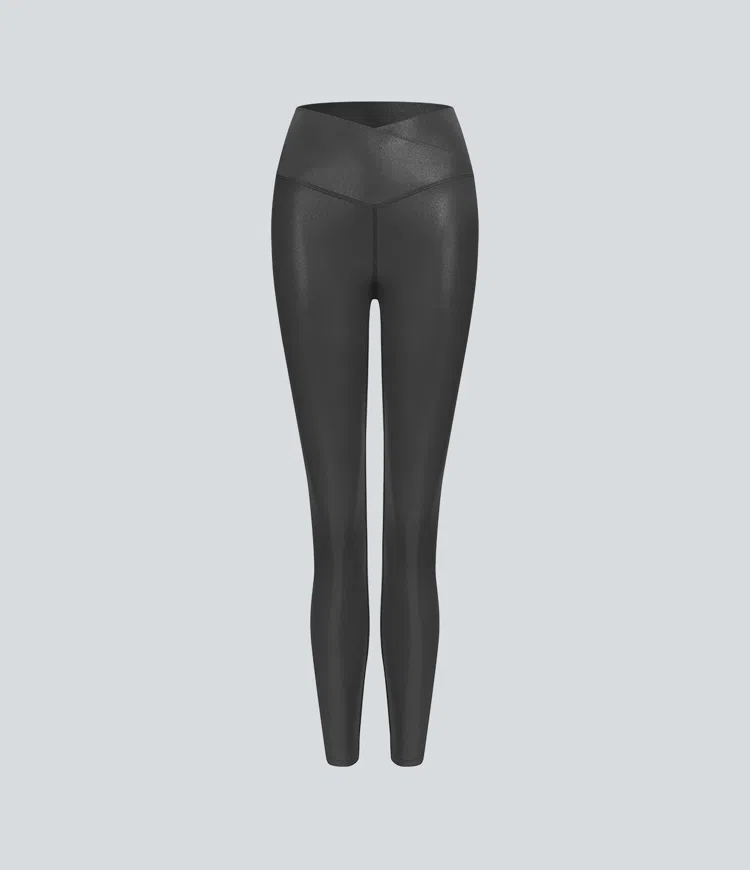 Softlyzero™ Synthetic Leather Crossover Back Pocket Foil Print Stretchy Casual Leggings
