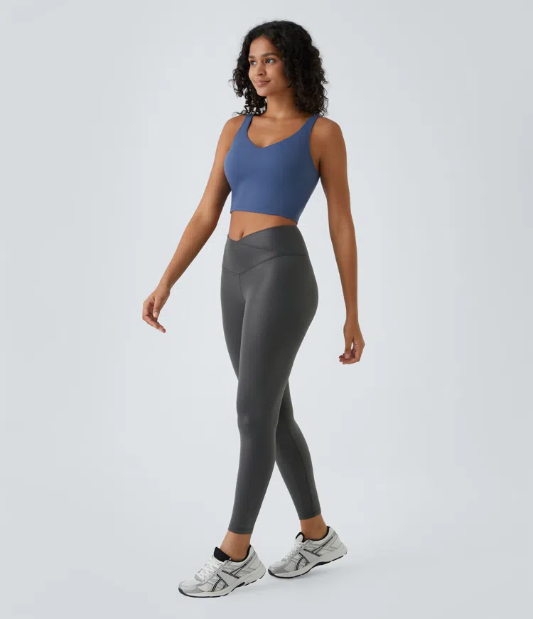 Softlyzero™ Synthetic Leather Crossover Back Pocket Foil Print Stretchy Casual Leggings