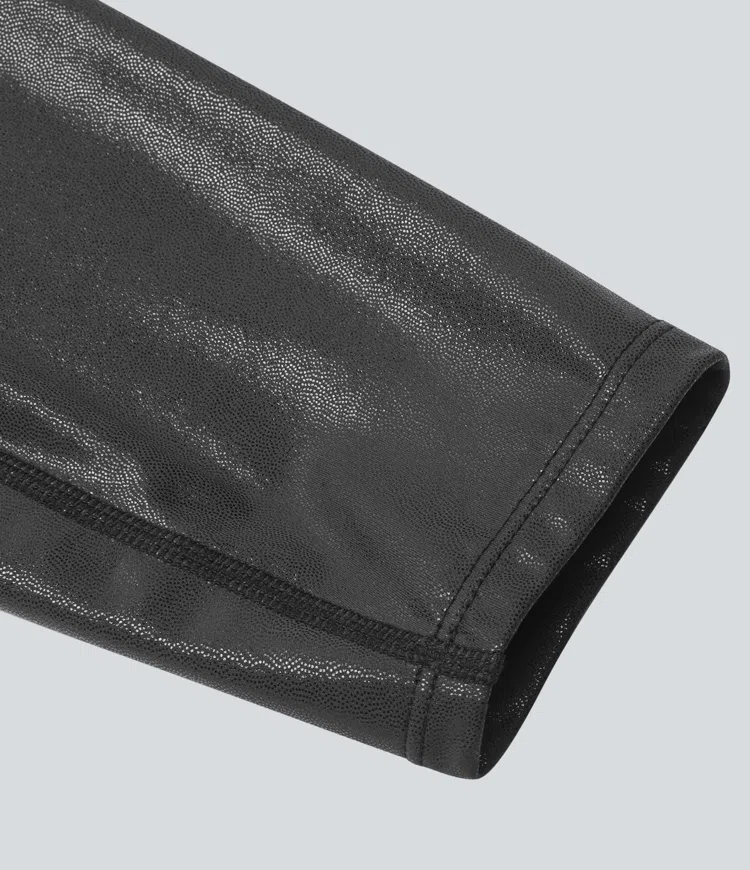 Softlyzero™ Synthetic Leather Crossover Back Pocket Foil Print Stretchy Casual Leggings