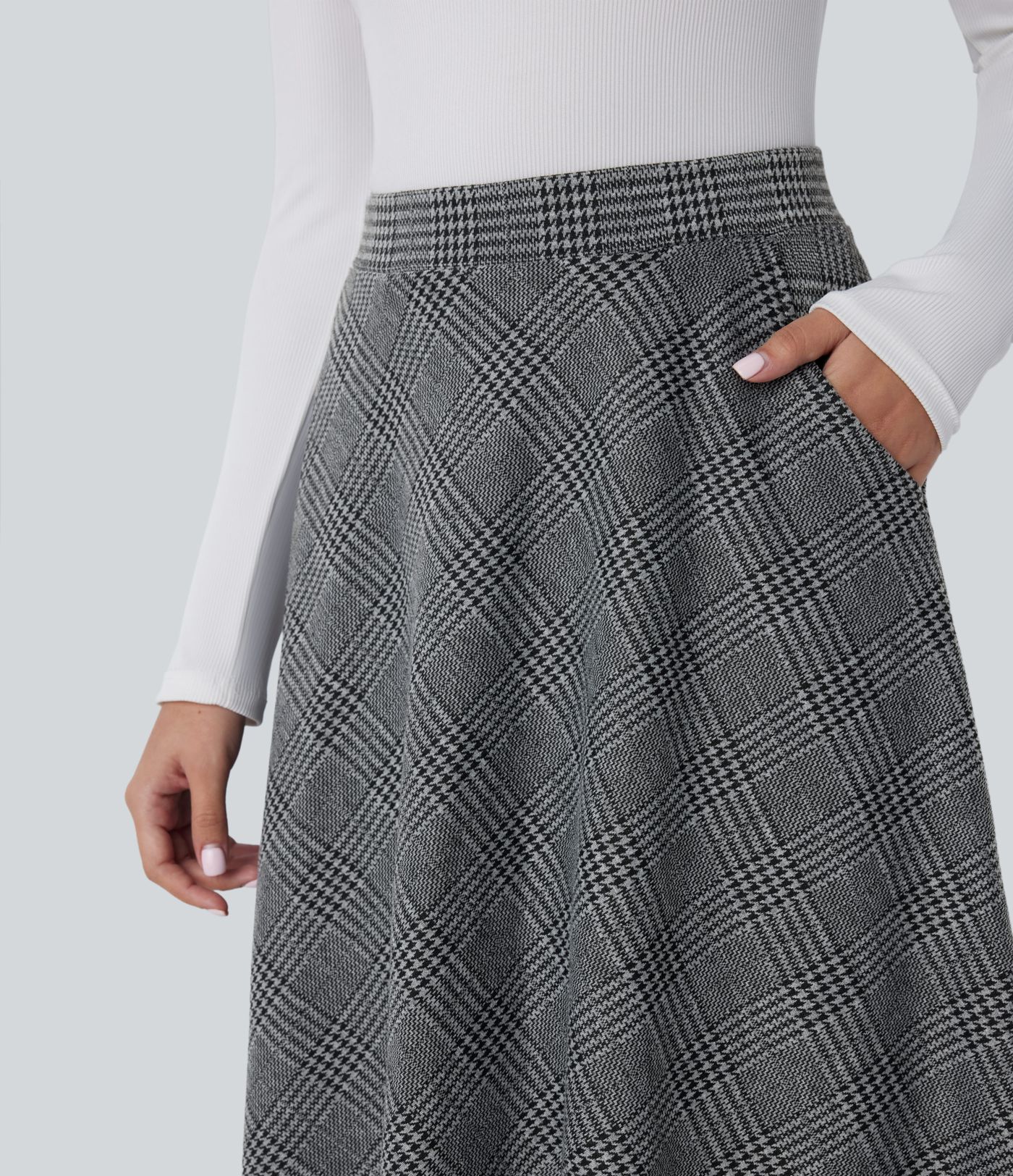 High Waisted Pocket Houndstooth Plaid Flare Midi Casual Skirt