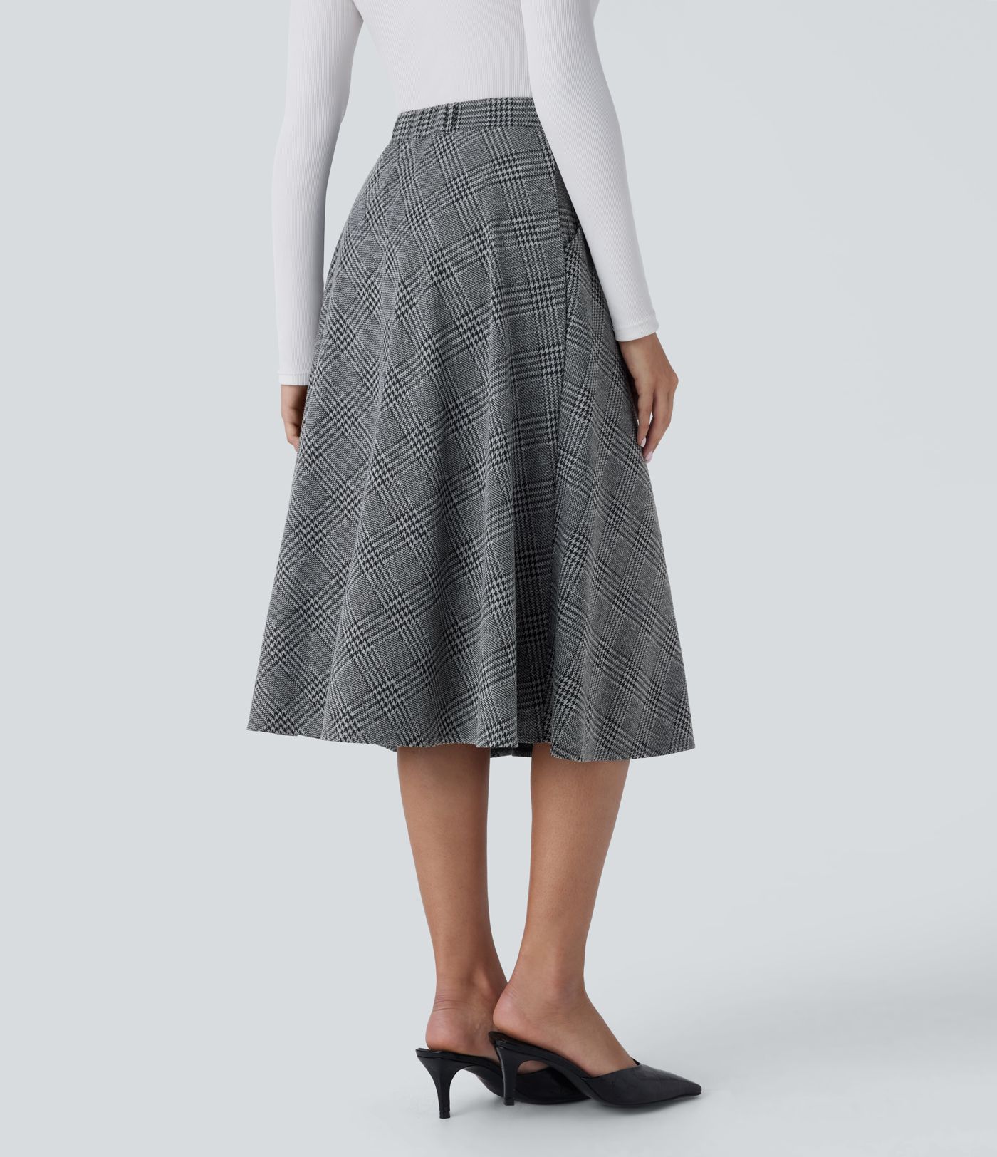 High Waisted Pocket Houndstooth Plaid Flare Midi Casual Skirt