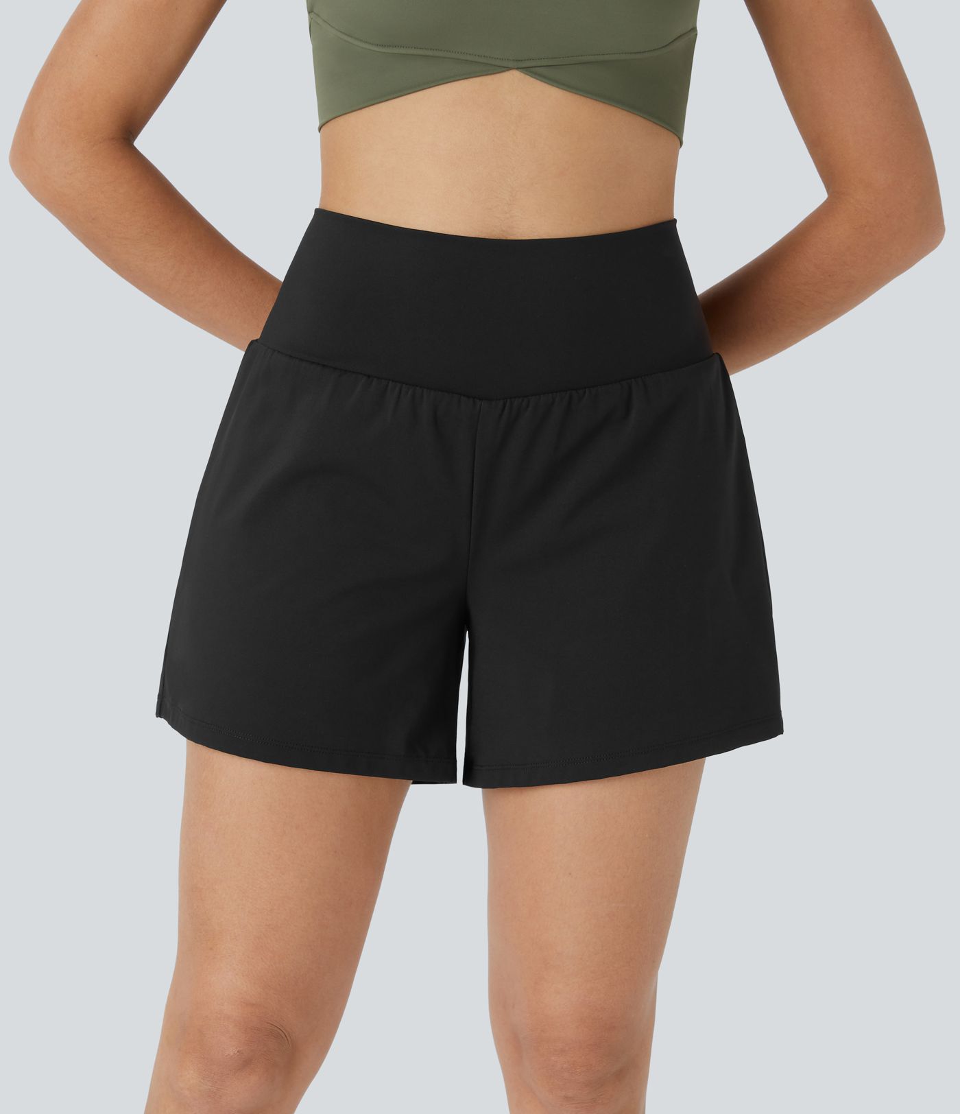 Super High Waisted Back Pocket & Side Hidden Pocket 2-in-1 Yoga Shorts 5''-Longer Length