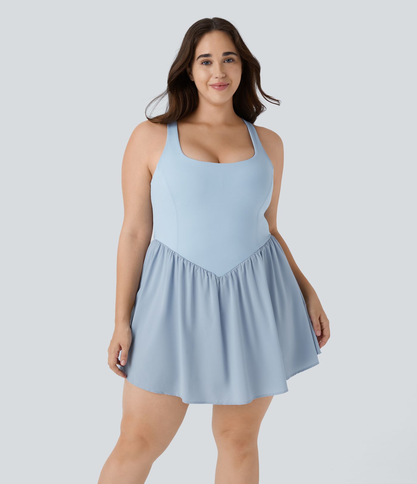 Breezeful™ Square Neck Backless Cut Out Crisscross Twisted Back 2-in-1 Side Pocket Corset Mini Quick Dry Flowy Casual Plus Size Dress