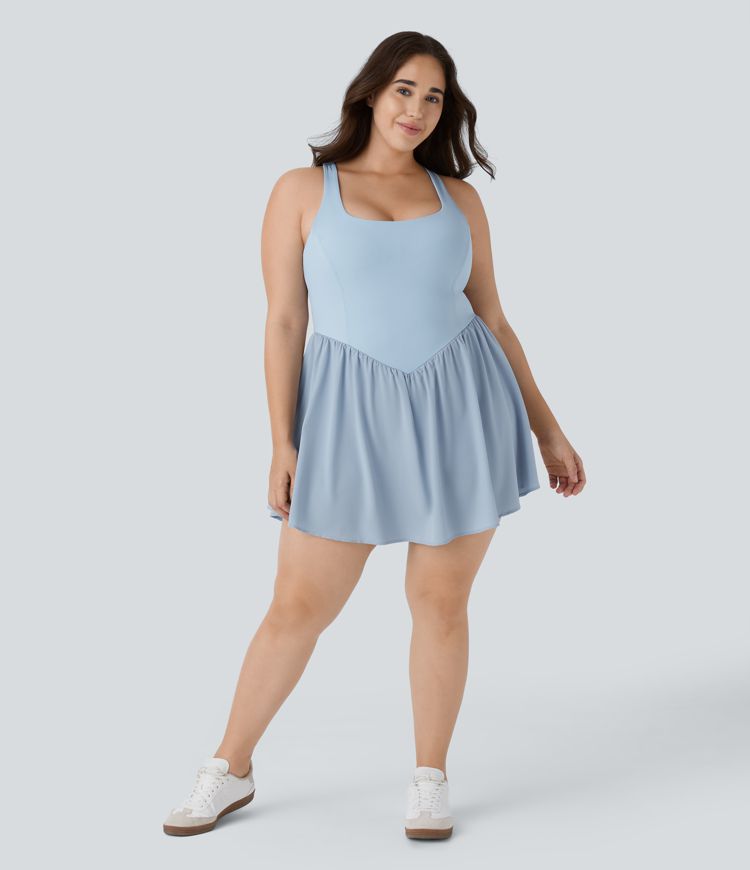 Breezeful™ Mini Vestido cuello cuadrado sin espalda retorcida 2 en 1 bolsillo lateral fluido secado rápido talla plus