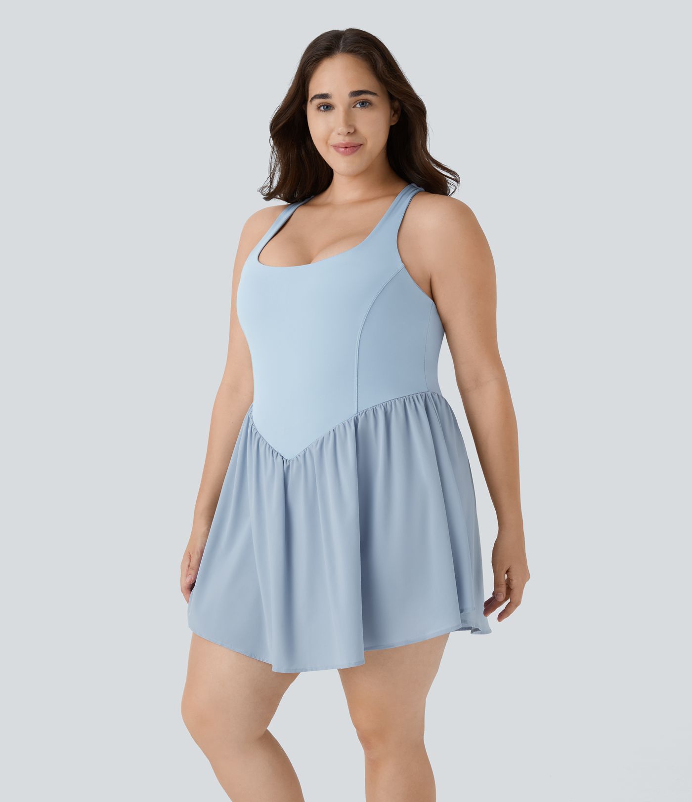 Breezeful™ Square Neck Backless Cut Out Crisscross Twisted Back 2-in-1 Side Pocket Corset Mini Quick Dry Flowy Casual Plus Size Dress