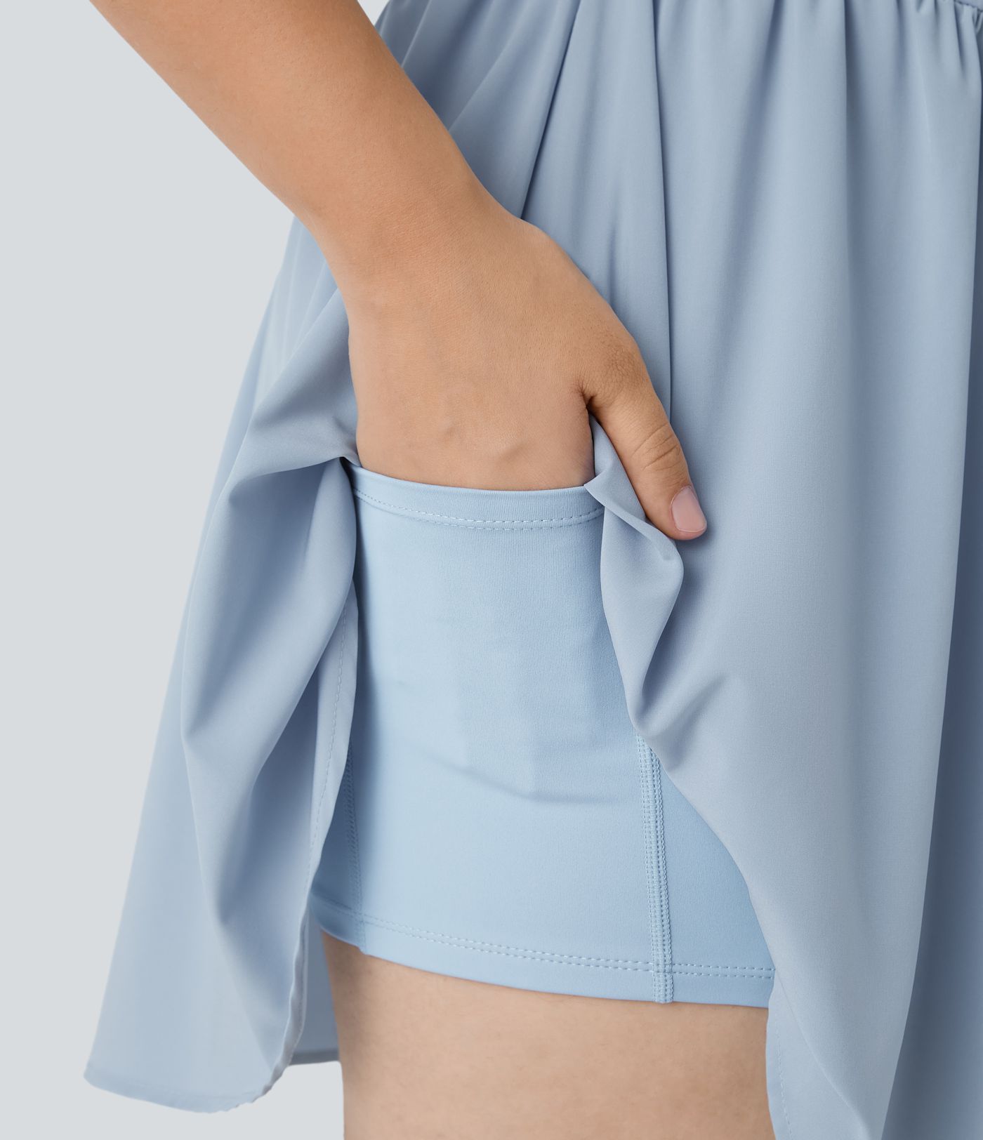 Breezeful™ Square Neck Backless Cut Out Crisscross Twisted Back 2-in-1 Side Pocket Corset Mini Quick Dry Flowy Casual Plus Size Dress