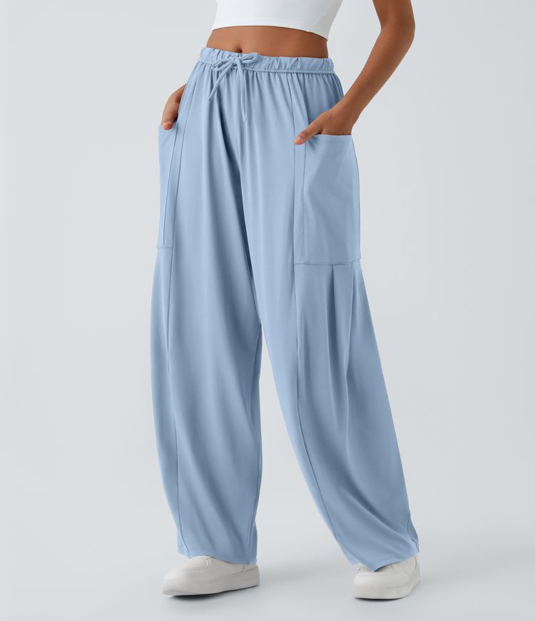 Mid Rise Elastic Waistband Drawstring Pocket Palazzo Flowy Wide Leg Casual Pants
