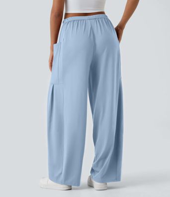 Mid Rise Elastic Waistband Drawstring Pocket Palazzo Flowy Wide Leg Casual Pants