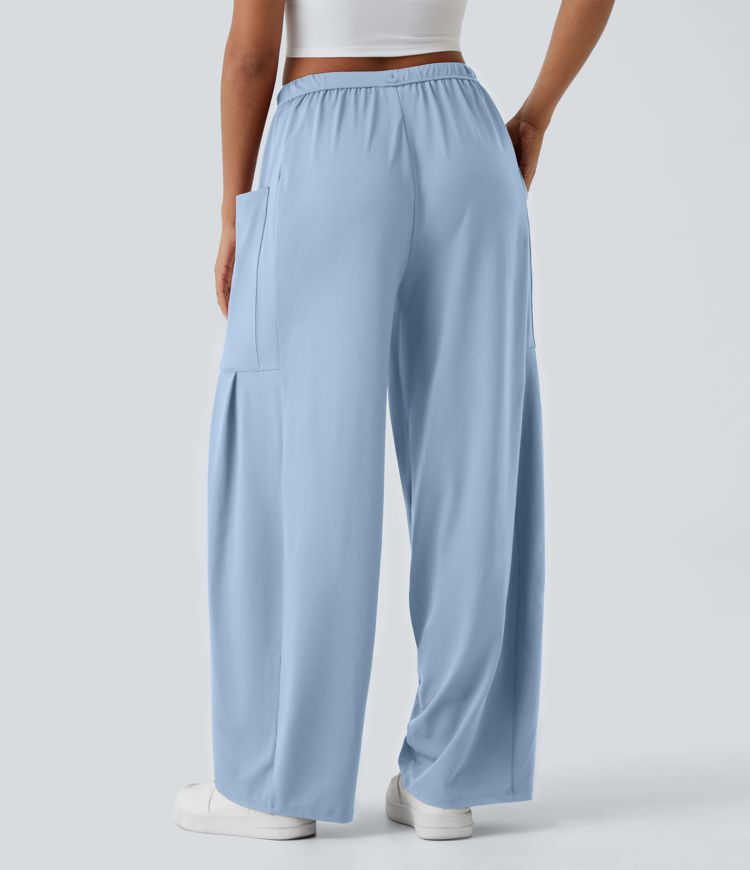 Mid Rise Elastic Waistband Drawstring Pocket Palazzo Flowy Wide Leg Casual Pants