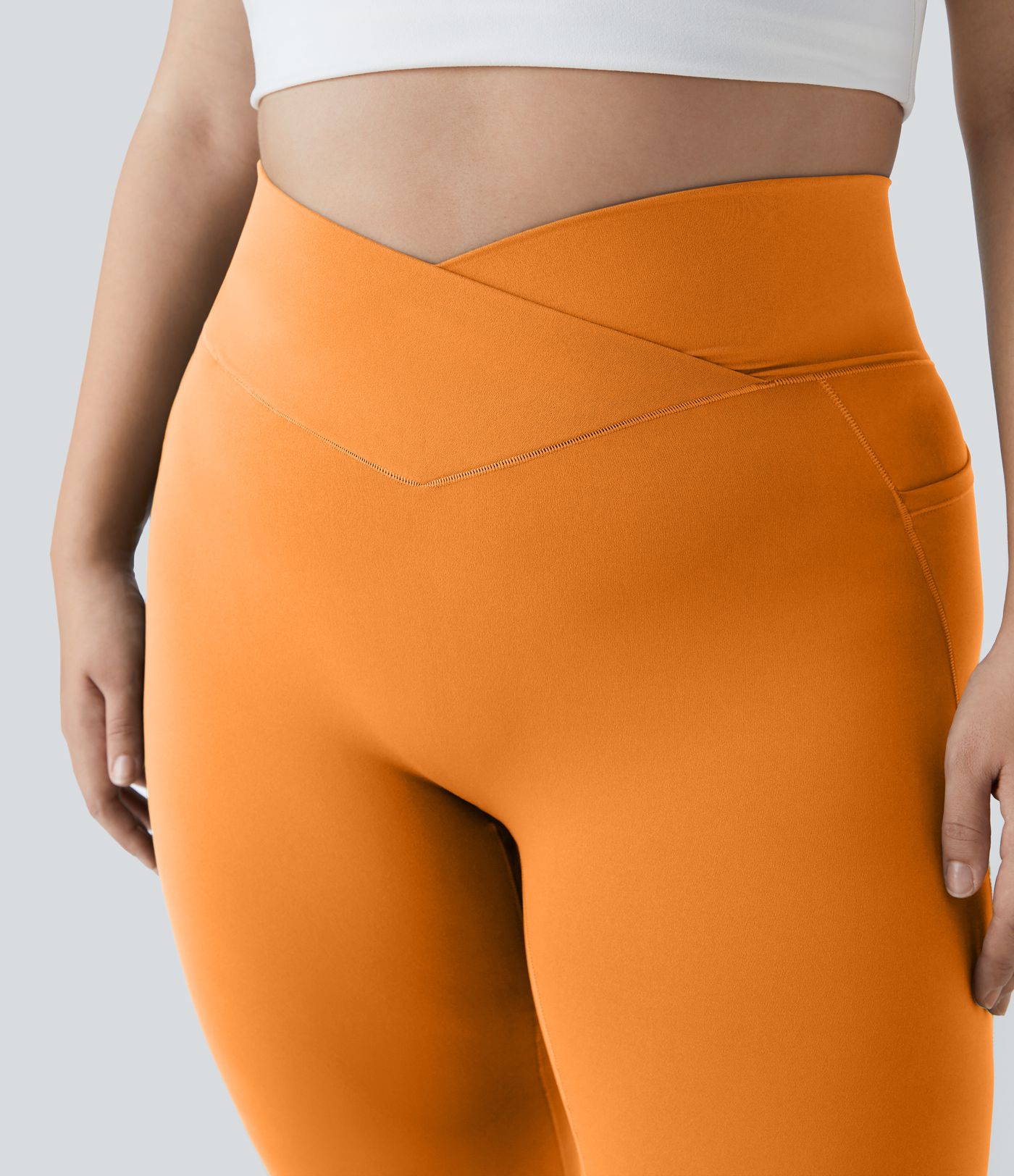 SoftlyZero™ High Waisted Crossover Pocket Plain Plus Size Full Length Leggings-UPF50+