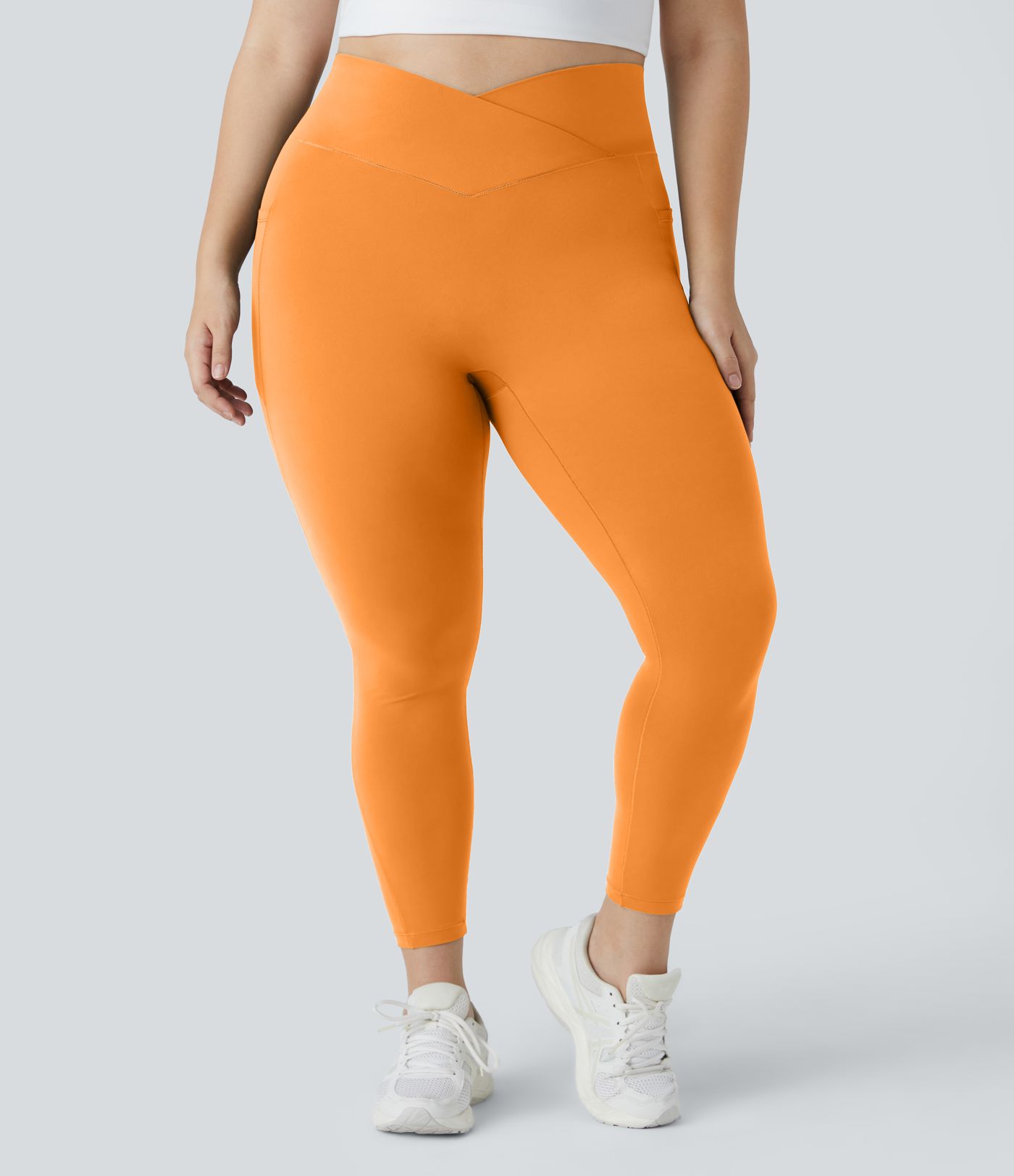 SoftlyZero™ High Waisted Crossover Pocket Plain Plus Size Full Length Leggings-UPF50+
