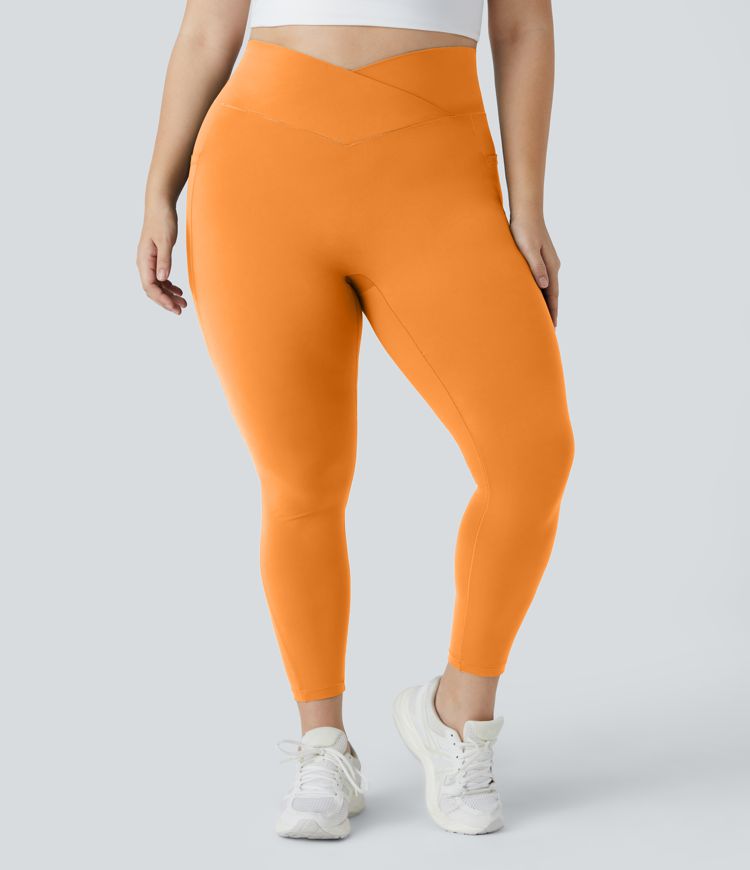 SoftlyZero™ High Waisted Crossover Pocket Plain Plus Size Full Length Leggings-UPF50+