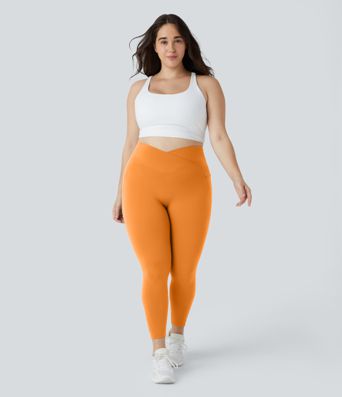 SoftlyZero™ High Waisted Crossover Pocket Plain Plus Size Full Length Leggings-UPF50+