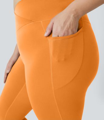 SoftlyZero™ High Waisted Crossover Pocket Plain Plus Size Full Length Leggings-UPF50+