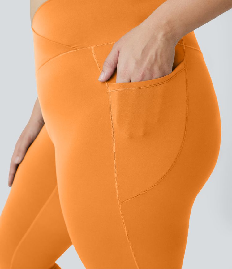 SoftlyZero™ High Waisted Crossover Pocket Plain Plus Size Full Length Leggings-UPF50+