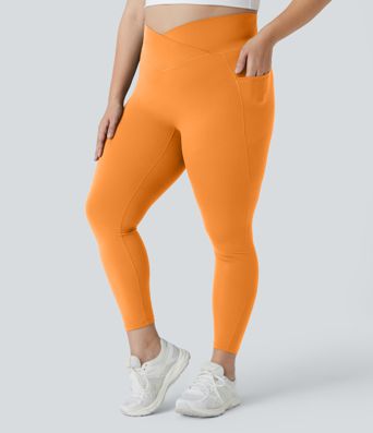 SoftlyZero™ High Waisted Crossover Pocket Plain Plus Size Full Length Leggings-UPF50+