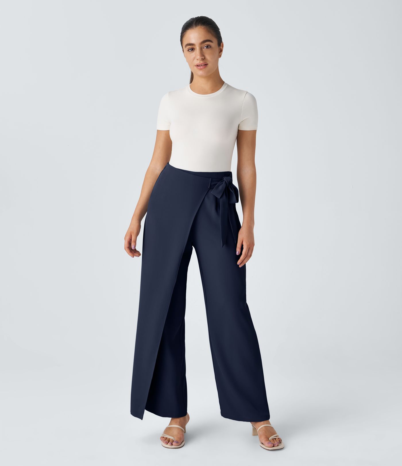 High Waisted Tie Side Wide Leg Women Suit Work Pants