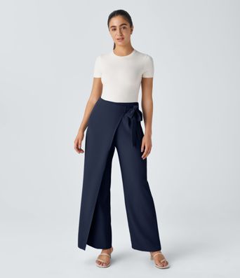 High Waisted Tie Side Wide Leg Women Suit Work Pants