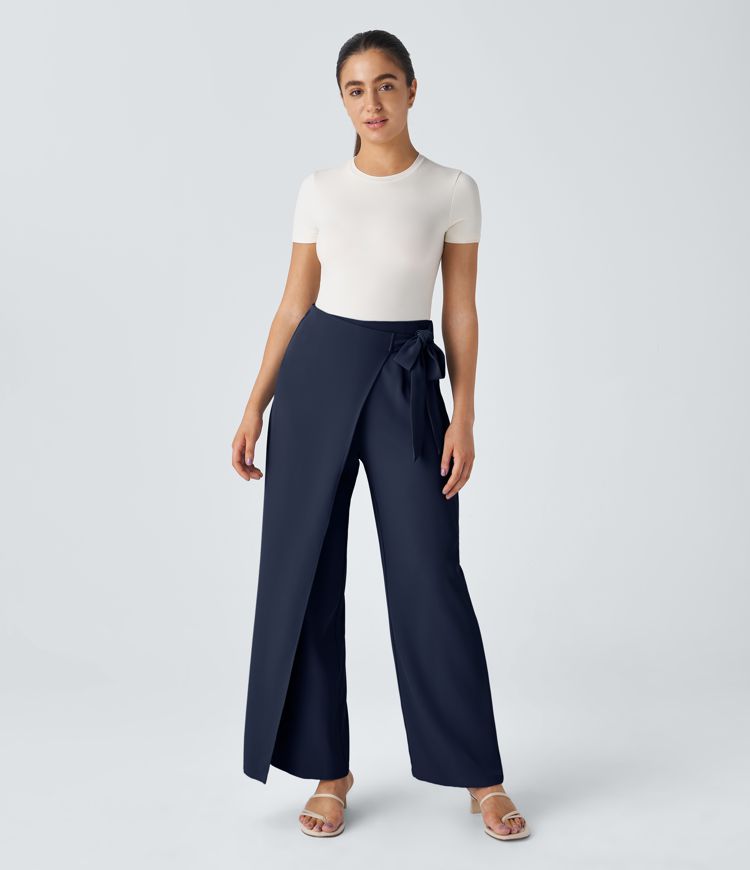 High Waisted Tie Side Wide Leg Women Suit Work Pants