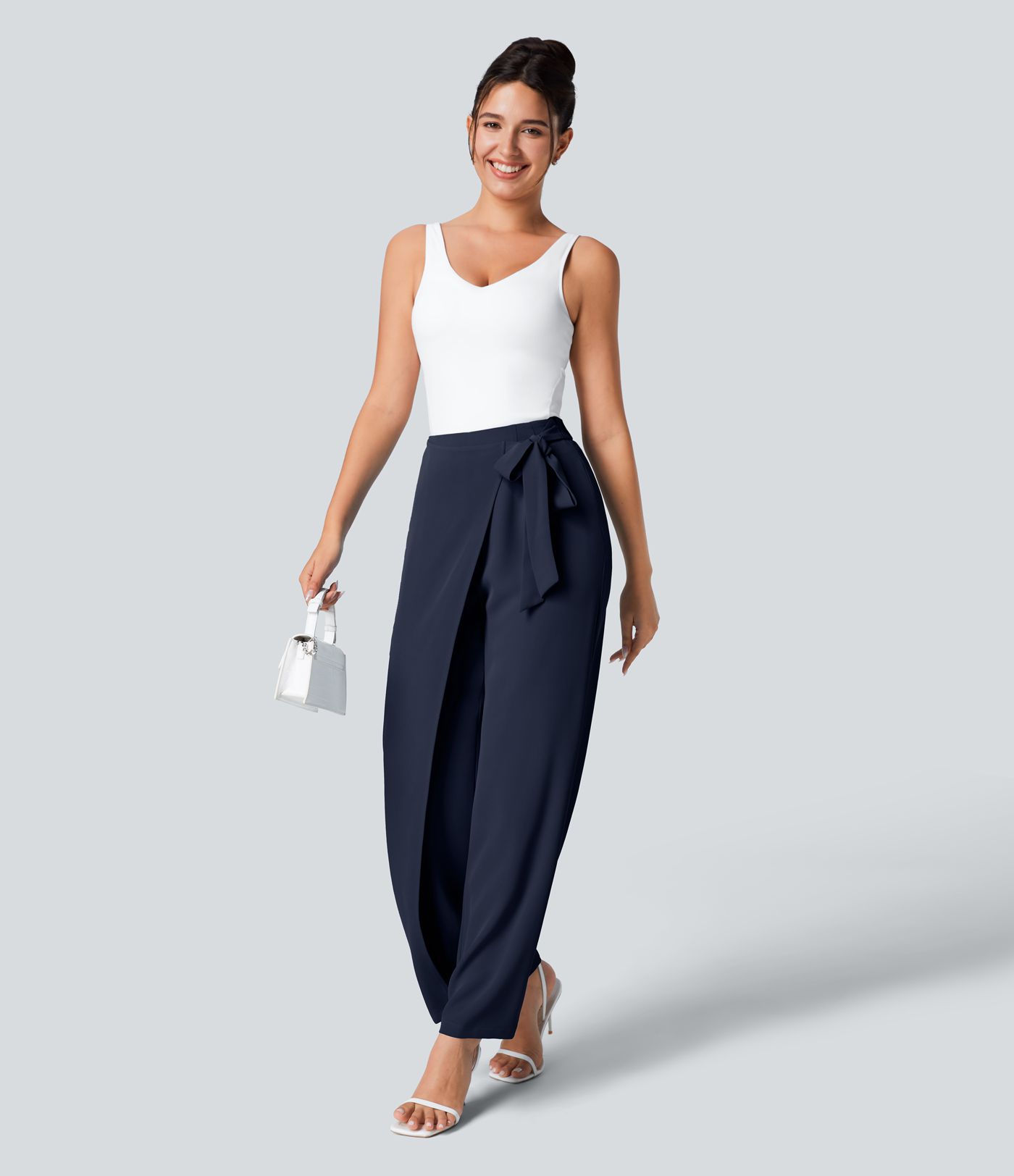 High Waisted Tie Side Wide Leg Women Suit Work Pants