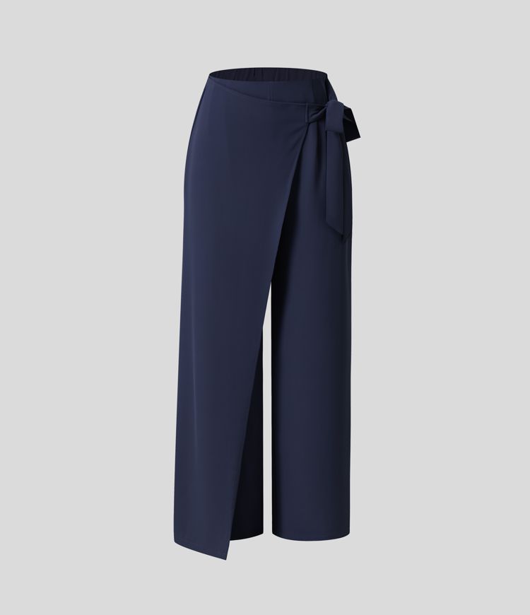 High Waisted Tie Side Wide Leg Women Suit Work Pants