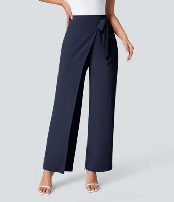 High Waisted Tie Side Wide Leg Women Suit Work Pants