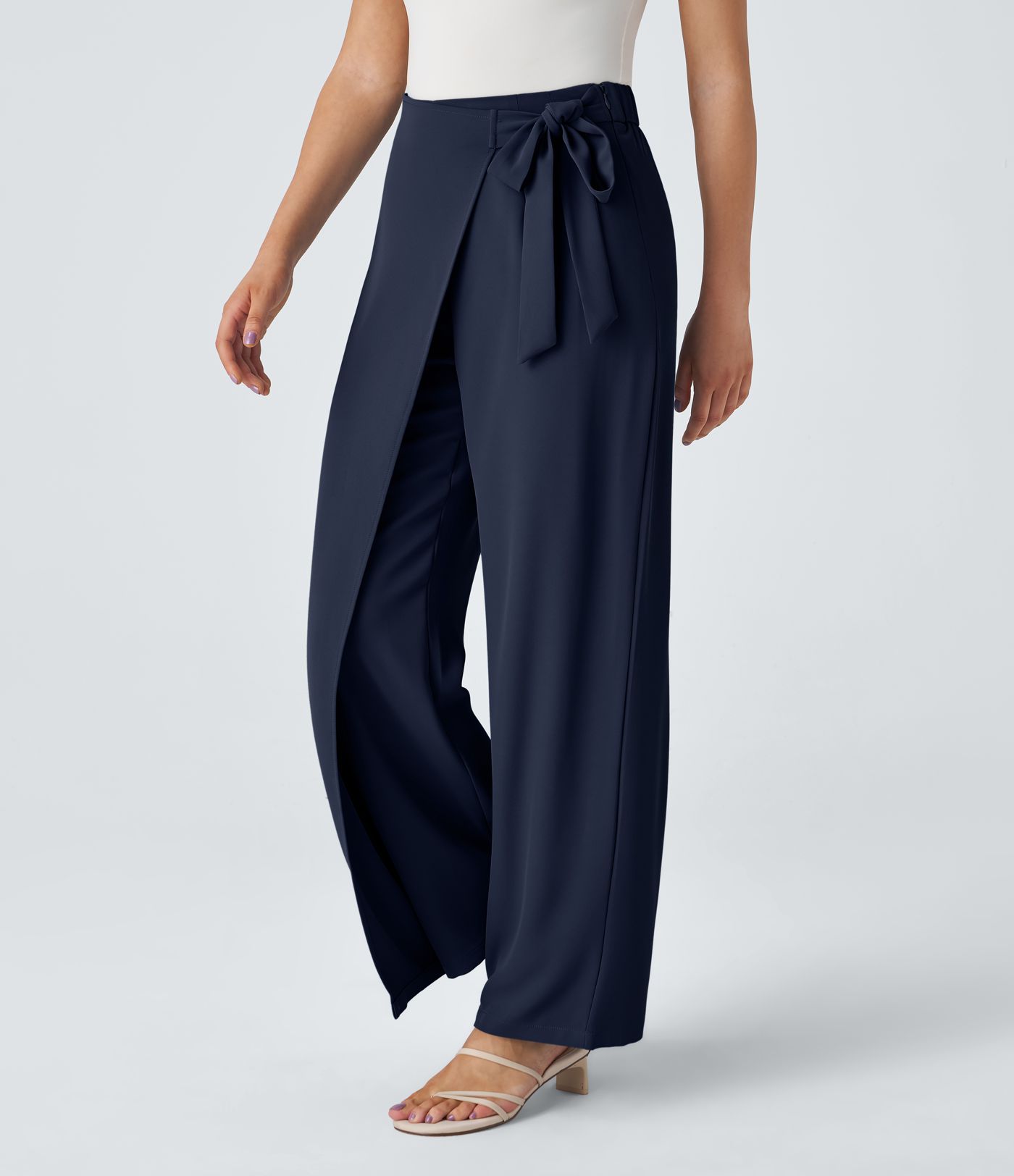 High Waisted Tie Side Wide Leg Women Suit Work Pants