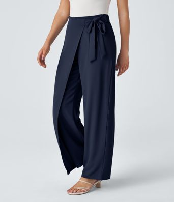 High Waisted Tie Side Wide Leg Women Suit Work Pants