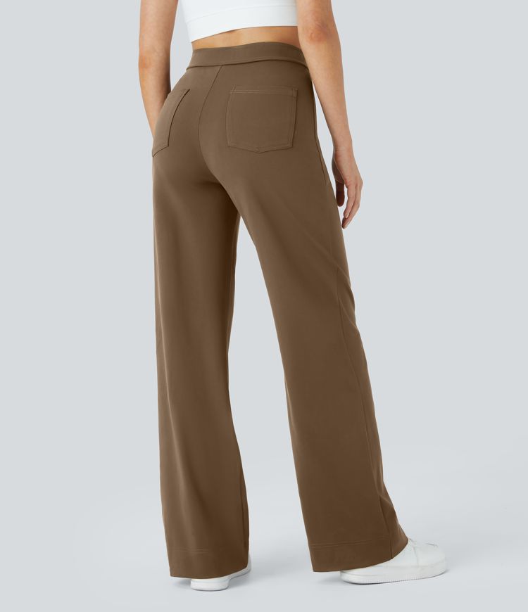 High Waisted Pockets Straight Leg Casual Pants