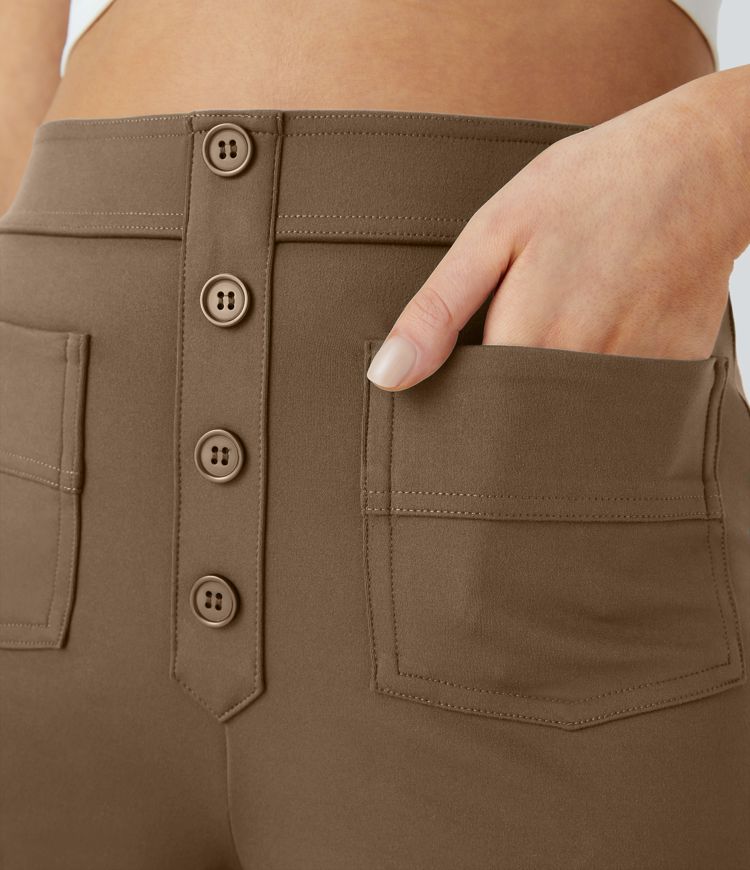 High Waisted Pockets Straight Leg Casual Pants