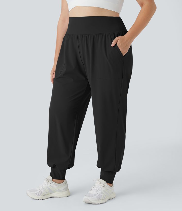 High Waisted Plain Side Pocket Yoga Plus Size Joggers