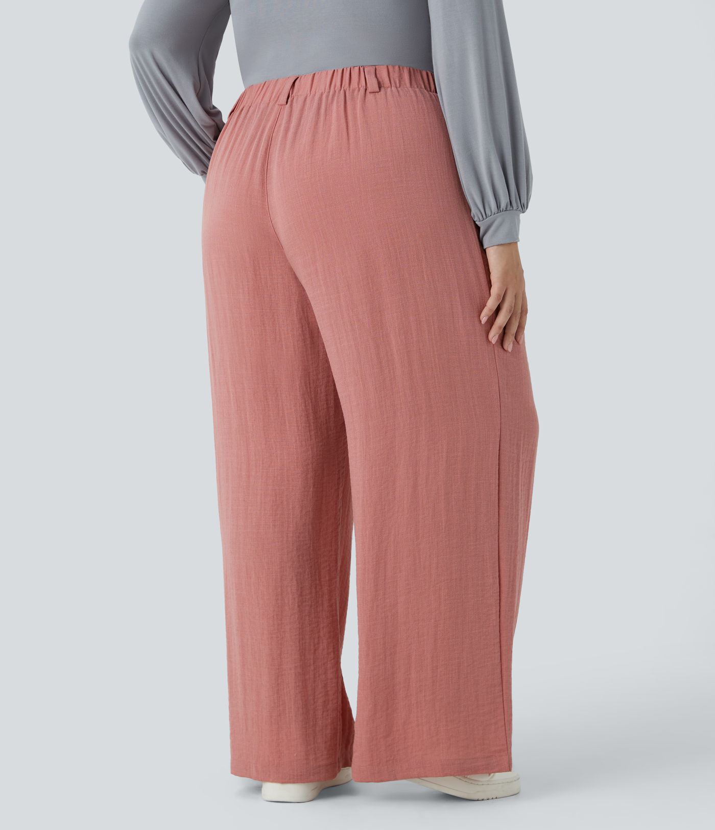 High Waisted Pocket Wide Leg Flowy Casual Linen-Feel Plus Size Pants