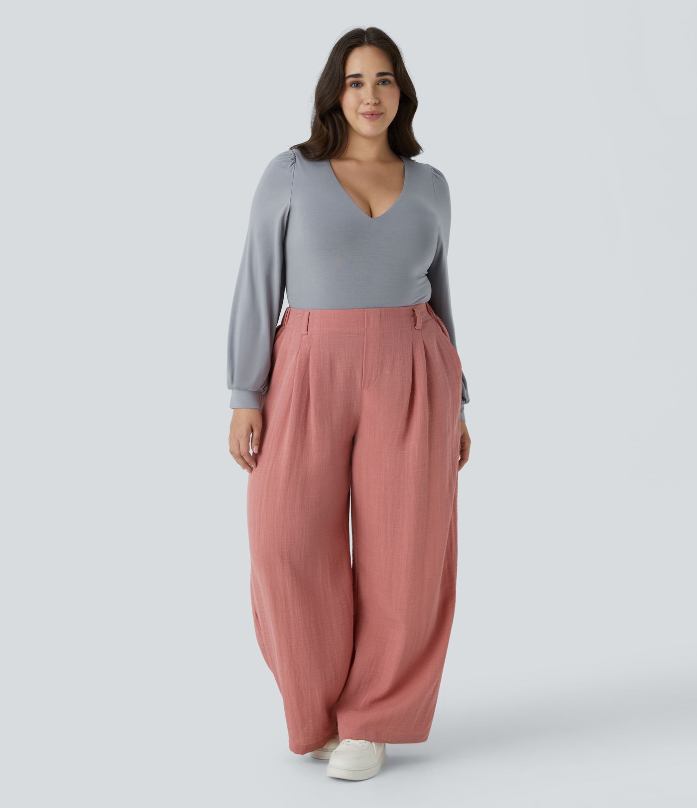 High Waisted Pocket Wide Leg Flowy Casual Linen-Feel Plus Size Pants