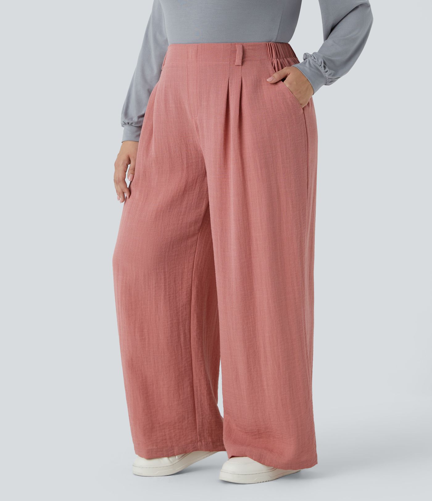 High Waisted Pocket Wide Leg Flowy Casual Linen-Feel Plus Size Pants