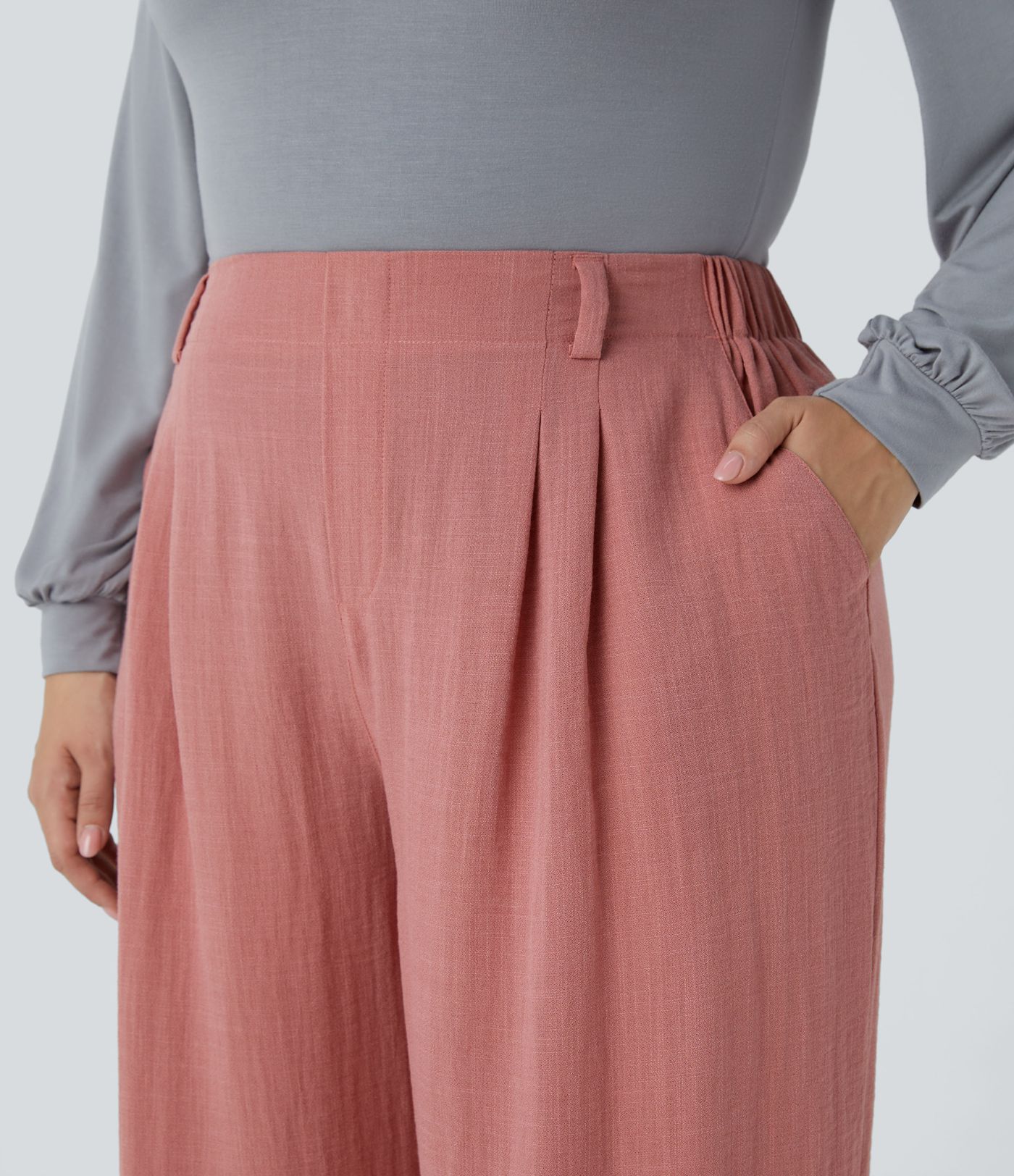 High Waisted Pocket Wide Leg Flowy Casual Linen-Feel Plus Size Pants