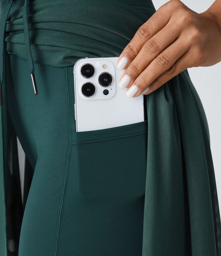 2-in-1 Midi-Hosenrock mit hohem Bund, Seitentaschen, Kordelzug und kontrastierendem Netz