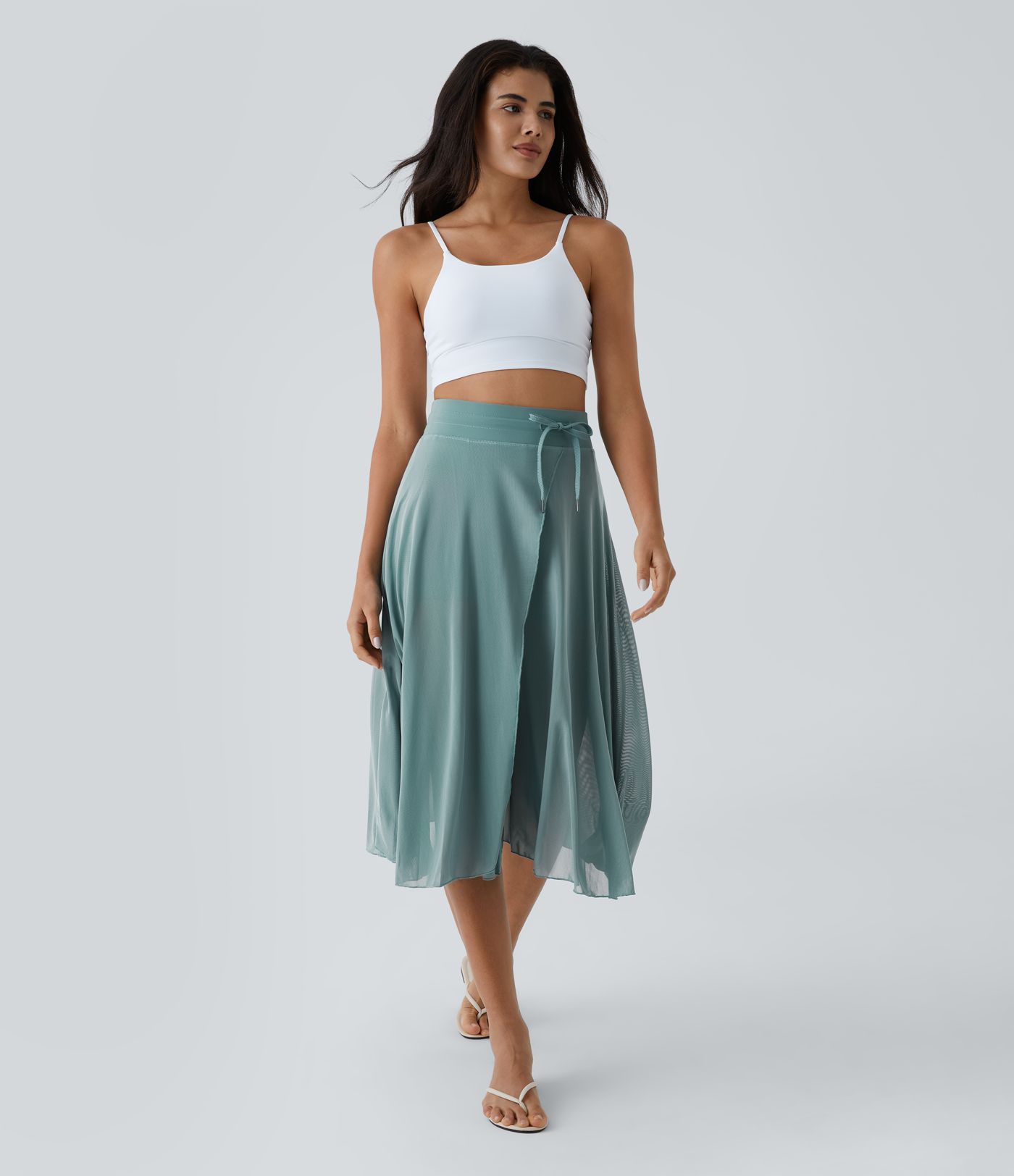 High Waisted Drawstring Contrast Mesh 2-in-1 Pocket Flowy Midi Flare Casual Skirt