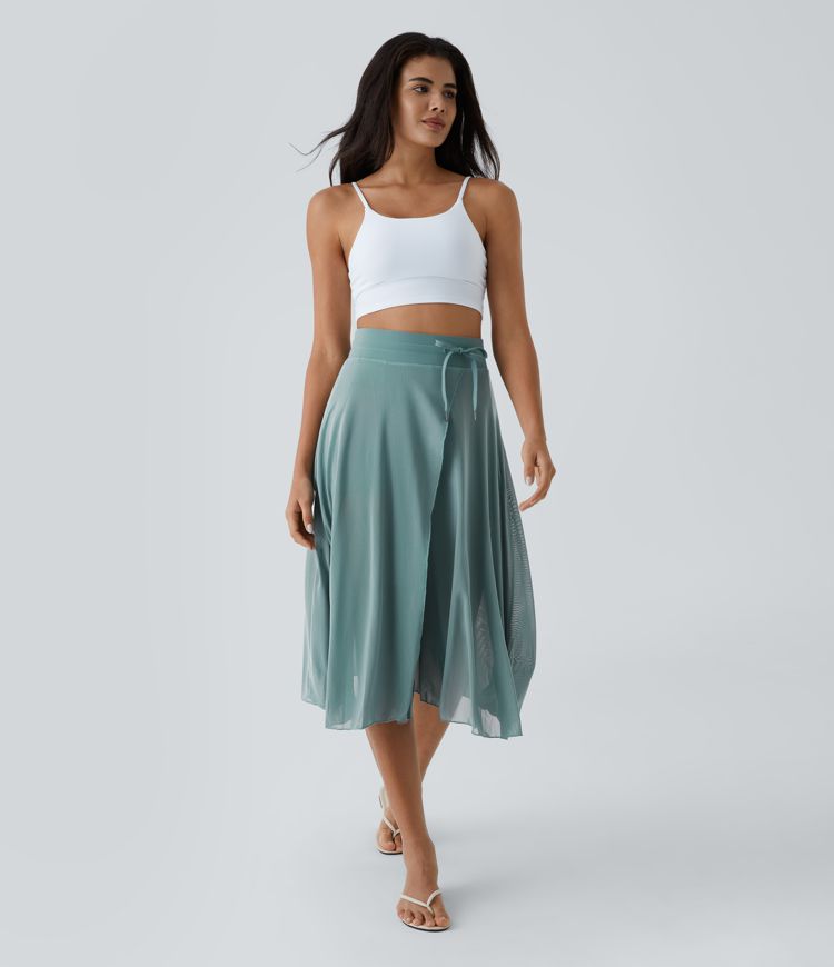 Women s High Waisted Drawstring Contrast Mesh 2 in 1 Pocket Flowy Midi 