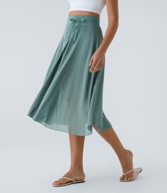 High Waisted Drawstring Contrast Mesh 2-in-1 Pocket Flowy Midi Flare Casual Skirt High Waisted Drawstring Contrast Mesh 2-in-1 Pocket Flowy Midi Flare Casual Skirt